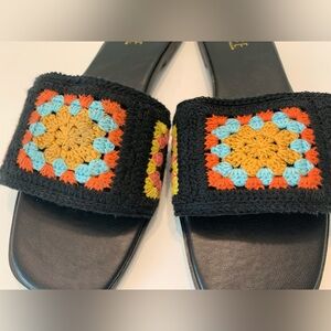 Crochet Sandals Black Slides Size 11 Euro 41Yellow, Blue, Orange, Pink Yarn
